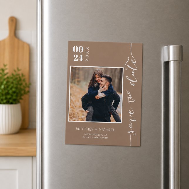 Neutral Beige Foto Spara Datum (Chic neutral beige photo save the date featuring elegant handwritten script magnet)