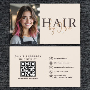 Neutral Beige Frisör Foto QR-kod Visitkort