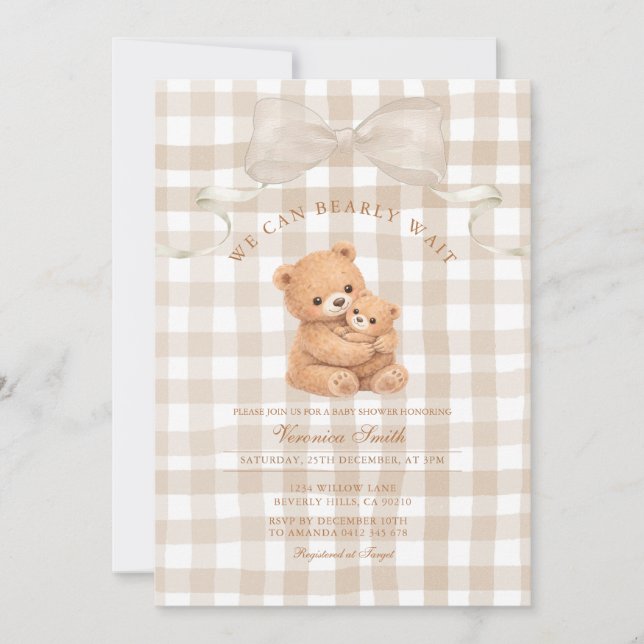 Neutral Beige Gingham Björn Bebis Shower Inbjudan (Framsida)