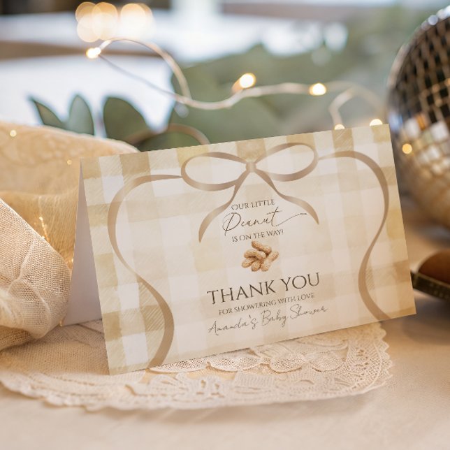 Neutral Beige Gingham Jordnötter Barnkalas Dekorat Tack Kort (Skapare uppladdad)