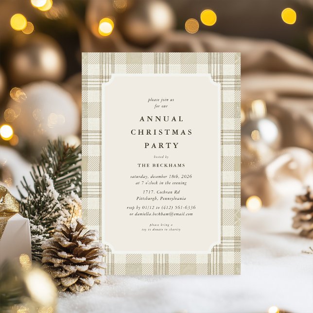 Neutral Beige Gingham Rutig Julfest Inbjudningar (Skapare uppladdad)