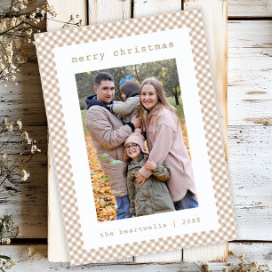 Neutral Beige Gingham Rutig Julfotokort Julkort