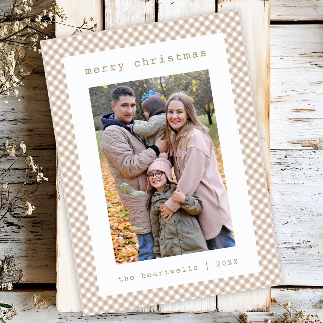 Neutral Beige Gingham Rutig Julfotokort Julkort (Skapare uppladdad)