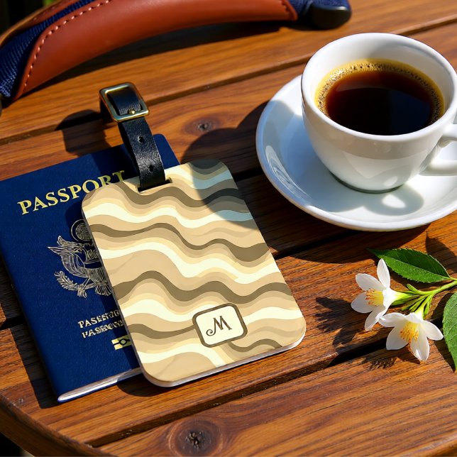 Neutral Beige Groovy Vågor Monogram Personlig Bagagebricka (Neutral Beige Groovy Waves Monogram Personalized Luggage Tag)