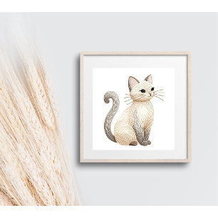 Neutral Beige Katt Broderad Boho Katt Affisch