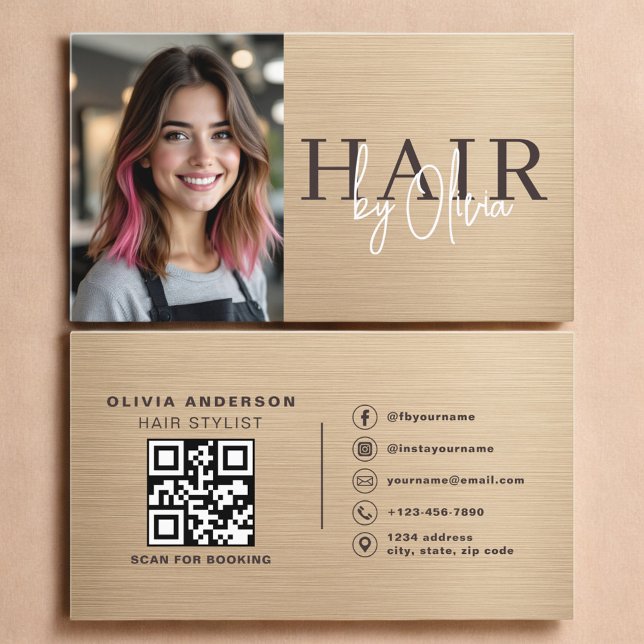 Neutral Beige Metallic Hair Stylist Photo QR Code  Visitkort (Skapare uppladdad)