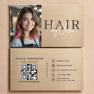 Neutral Beige Metallisk Hårstylist Foto QR-kod Visitkort