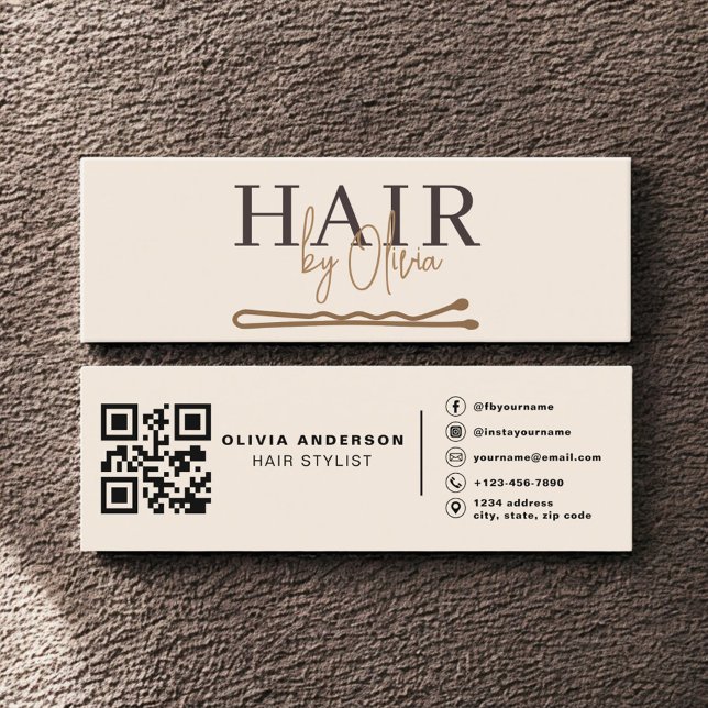 Neutral Beige QR-kod Frisör Modern Mini Visitkort (Skapare uppladdad)