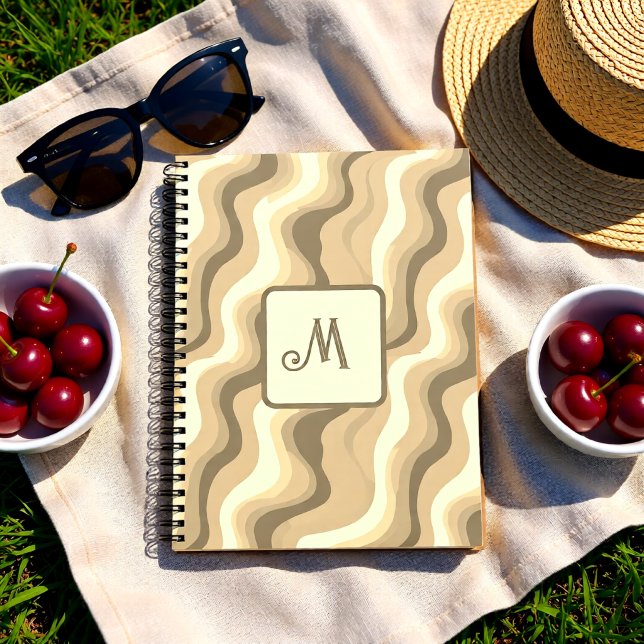 Neutral Beige Retro Vågor Personlig Monogram Anteckningsbok (Neutral Beige Retro Waves Personalized Monogram Notebook)