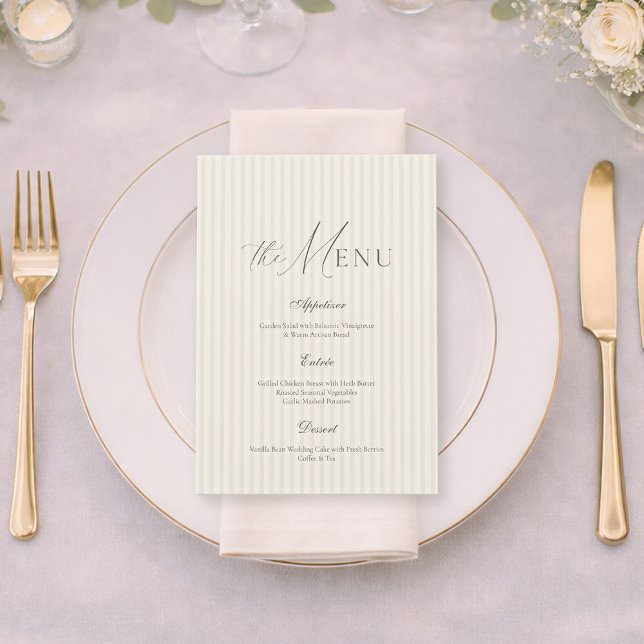 Neutral Beige Stripe Wedding Menu Inbjudningar (Skapare uppladdad)