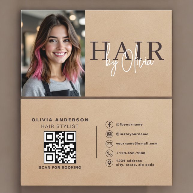 Neutral Beige Suede Hair Stylist Photo QR Code  Visitkort (Skapare uppladdad)