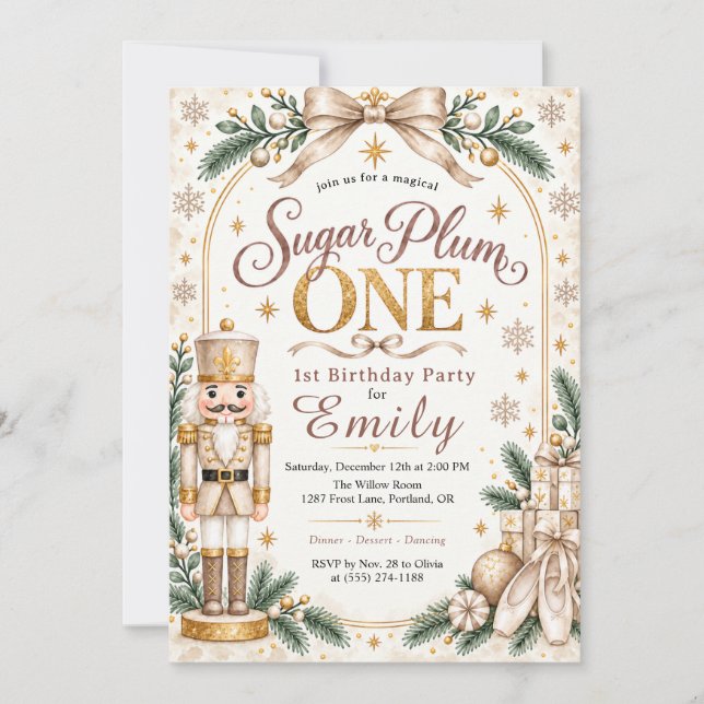 Neutral Beige Sugar Plum Fyller Ett Nutcracker 1år Inbjudningar (Framsida)