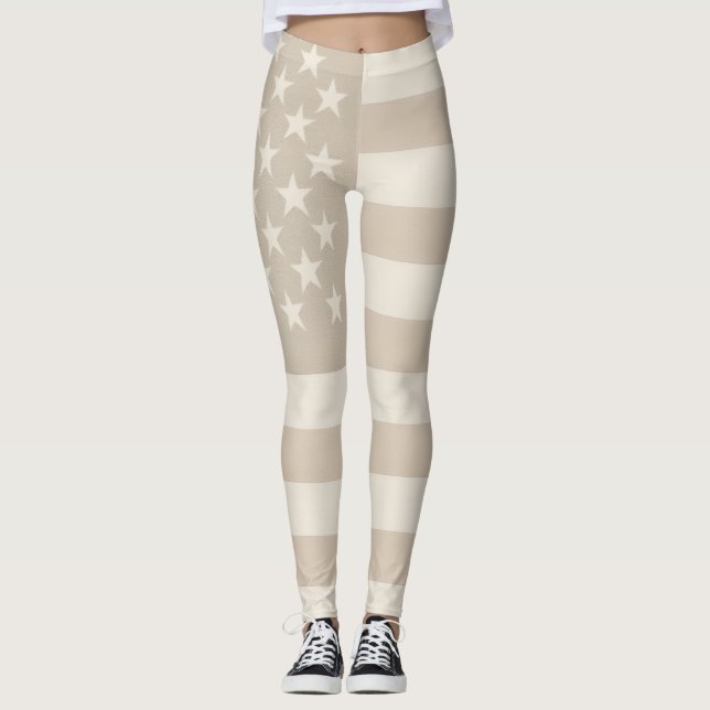 Neutral Beige, Tan, & White American Flag Earthy  Leggings (Framsida)
