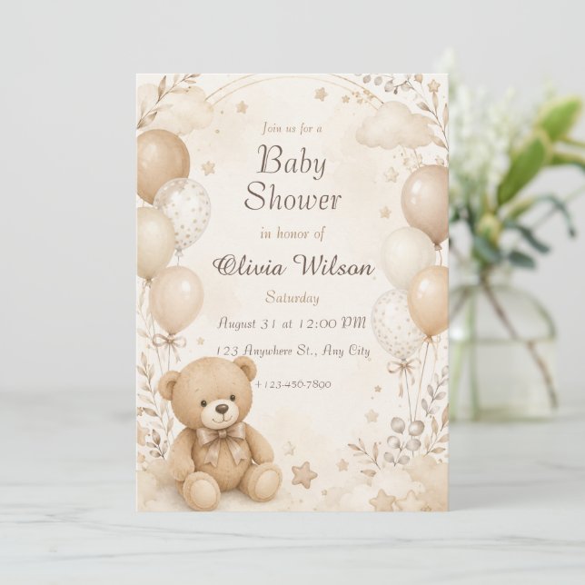 Neutral Beige Teddybjörn Bebisdopp Inbjudan  (Stående Fram)