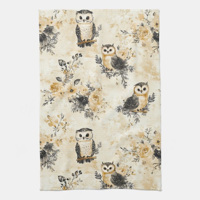 Neutral Beige Ugglas Botaniska Mönster Kökshandduk (Vertikal)