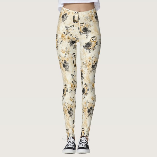 Neutral Beige Ugglas Botaniska Mönster Leggings (Framsida)