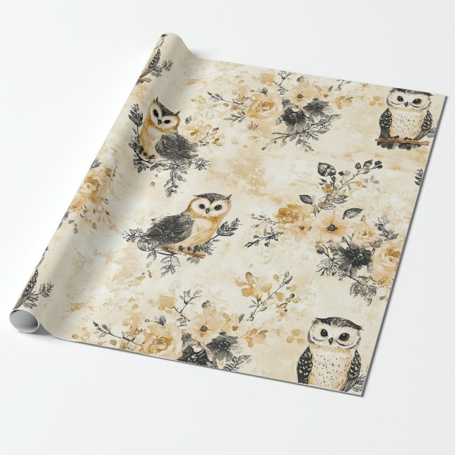 Neutral Beige Ugglas Botaniska Mönster Presentpapper (Utrullad)