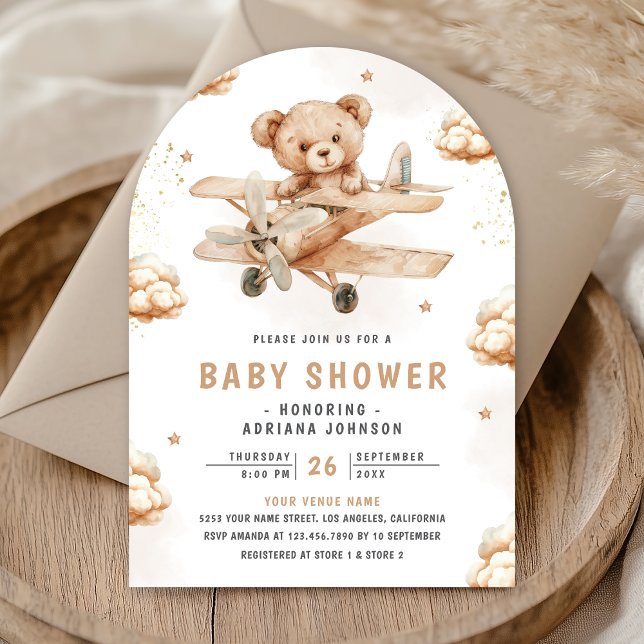 Neutral Björn Flygplansbåge Baby Shower Inbjudningar (Skapare uppladdad)