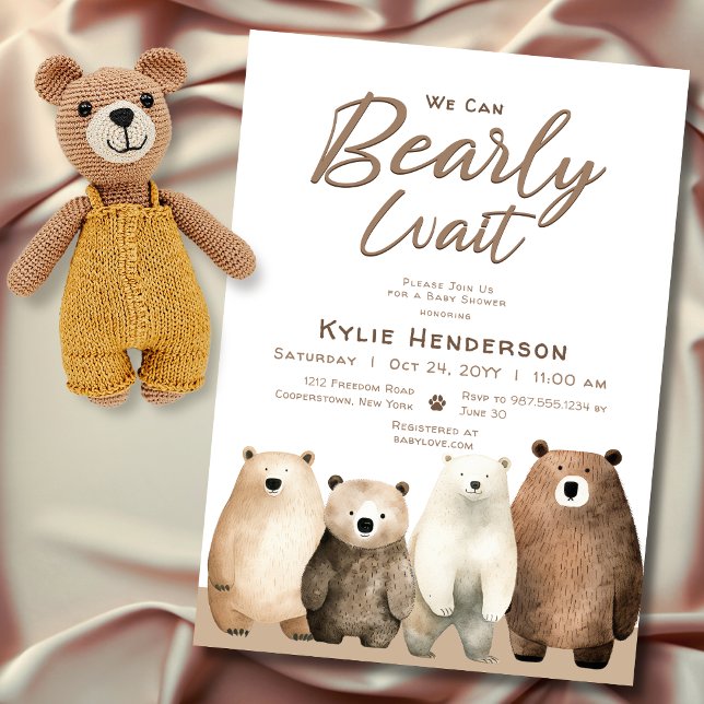 Neutral Björn Knappast Vänta Teddybjörn Bebis Show Inbjudningar (Neutral Bearly Wait Teddy Baby Baby Shower Invitation)