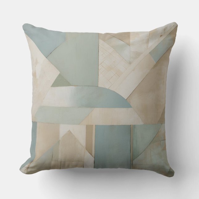 Neutral Blå Grön Beige Abstrakt Geometrisk Tryck Kudde (Framsida)