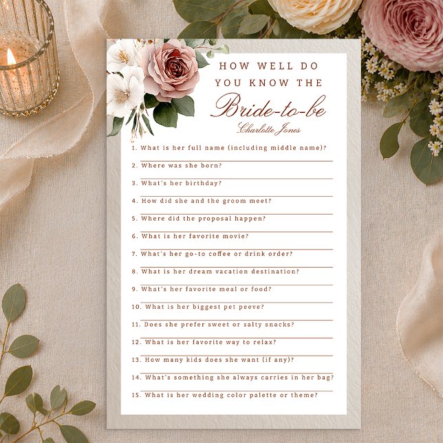 Neutral Blommig Bröllopsduschspel – Känn Bruden (Bridal Shower Card)