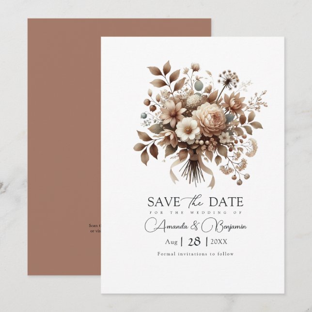 Neutral Bloom Mocha Mousse Blommig Bröllopsdusch Spara Datumet (Fram/baksida)