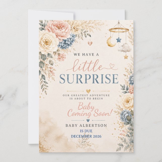 Neutral Blush Dammt blå Blommig Boho Graviditet Inbjudningar (Framsida)