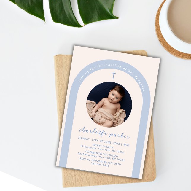 Neutral Boho Arch Kor Photo Baptism (blåkönsmogen) Inbjudningar (Blue Gender Neutral Boho Arch Cross Photo Baptism Invitation)