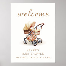 Neutral Boho Blommig Barnvagn Baby Shower Välkomme Poster