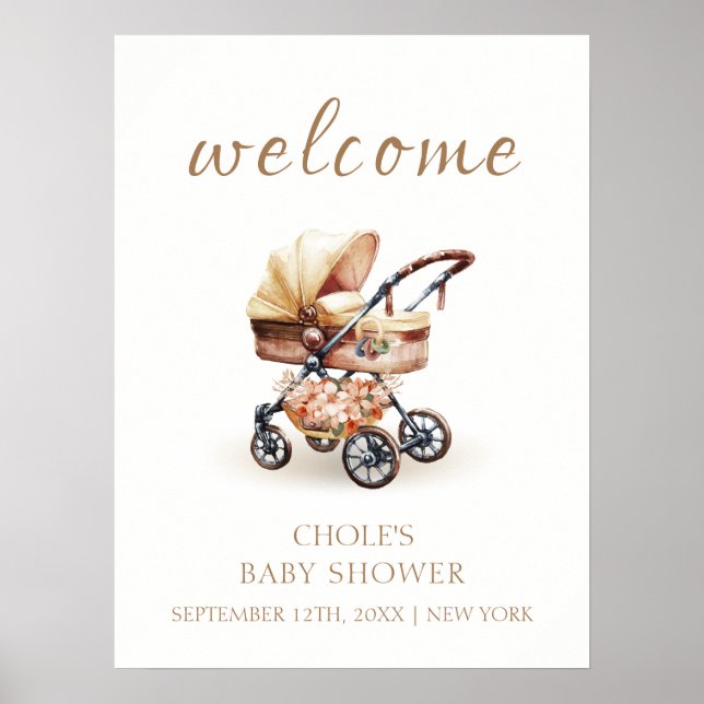 Neutral Boho Blommig Barnvagn Baby Shower Välkomme Poster (Framsidan)