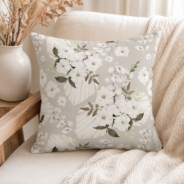 Neutral Boho Blommig Kastkudde Vita Blommor Kudde (Throw Pillow
)
