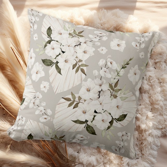 Neutral Boho Blommig Kastkudde Vita Blommor Kudde (Floral Throw Pillow)