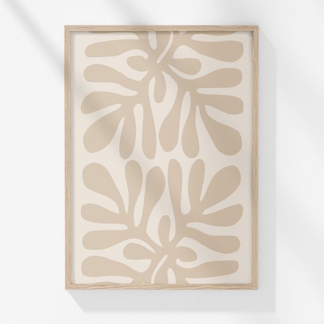 Neutral Boho Botanisk Abstrakt Väggkonsttryck Poster (Boho Muted Beige Neutral Botanical Abstract Art Poster in a wooden frame on a sunny white wall.)