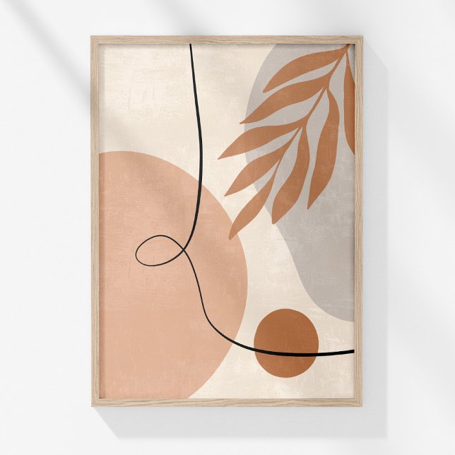 Neutral Boho Linje Konst Botanisk Abstrakt Väggkon Poster (Boho Muted Neutral Abstract Botanical Wall Art in a wooden frame on a sunny white wall.)