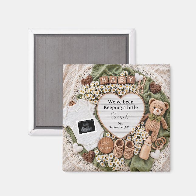 Neutral boho nalle graviditetsannonsering magnet (Front/Back)