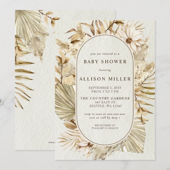 Neutral Boho Pampas Baby Shower för Rustik Kön Inbjudningar (Fram/baksida)
