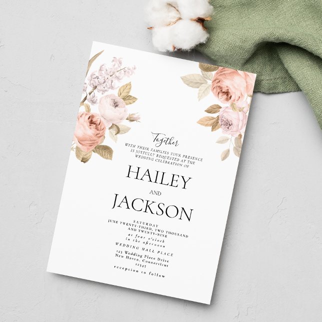 Neutral boho rosa brun lantlig blom- bröllop  inbjudningar (Neutral boho pink brown rustic floral wedding)