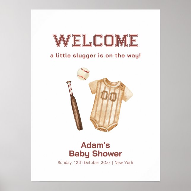 Neutral Boho Slugger Baseball Baby Shower Welcome Poster (Framsidan)