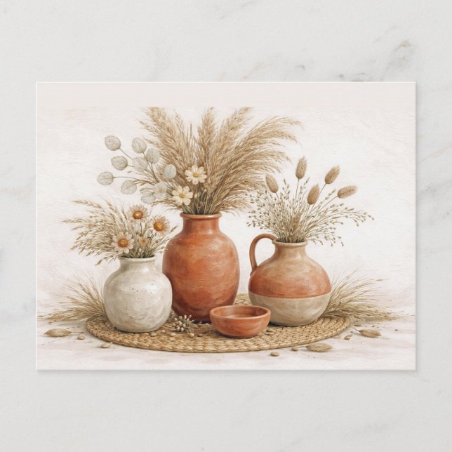 Neutral Boho Terrakotta Vas Torkad Botanisk  Vykort (Framsida)