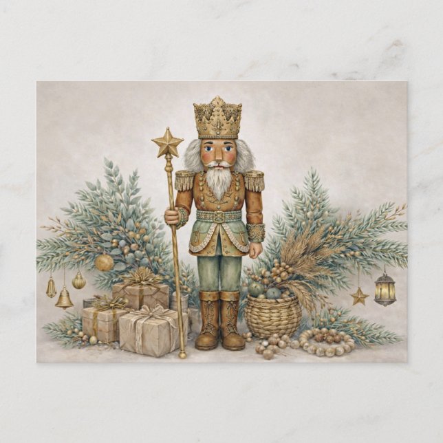 Neutral Boho Watercolor Christmas Nutcracker King  Helg Vykort (Framsida)