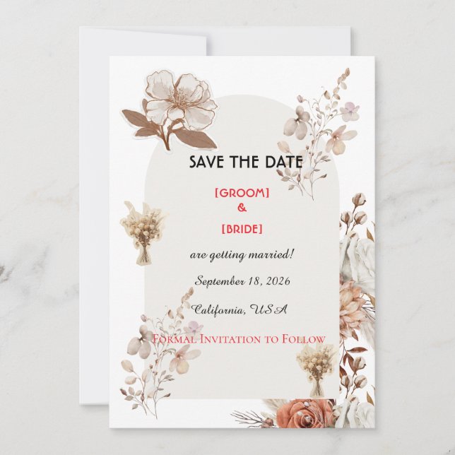 Neutral Boho Wedding Save The Date Spara Datumet (Framsida)