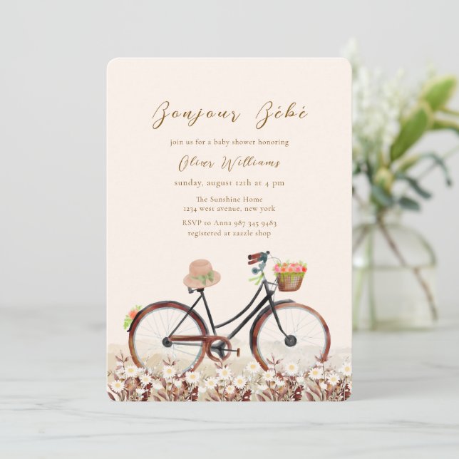 Neutral Bonjour Bébé Blommig Cykel Barnkalas Inbjudningar (Stående Fram)