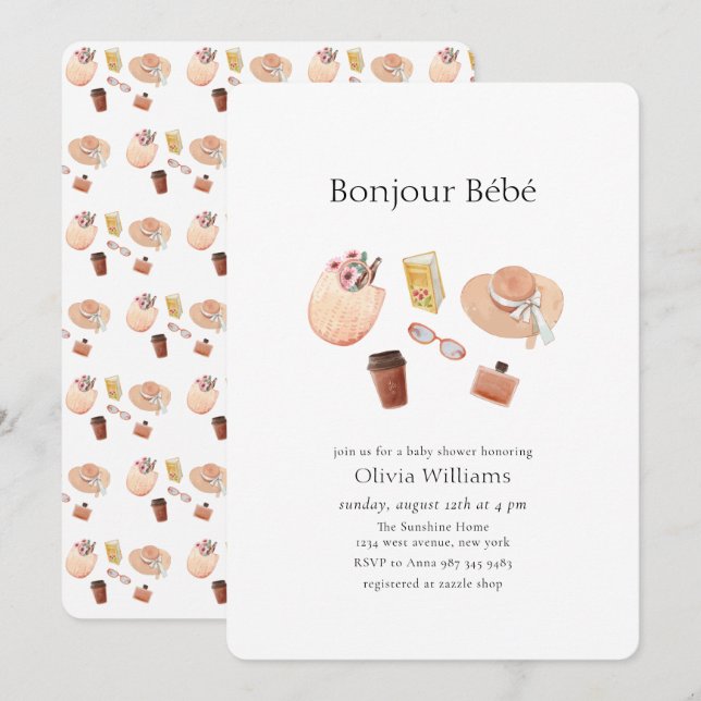 Neutral Bonjour Bébé Kaffe Picknick Bebis shower  Inbjudningar (Fram/baksida)