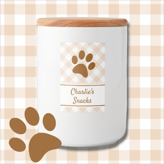 Neutral Brown Beige White Gingham Pattern Paw Name Mat Etikett