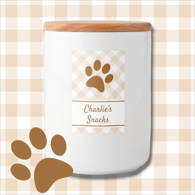 Neutral Brown Beige White Gingham Pattern Paw Name Mat Etikett (Skapare uppladdad)