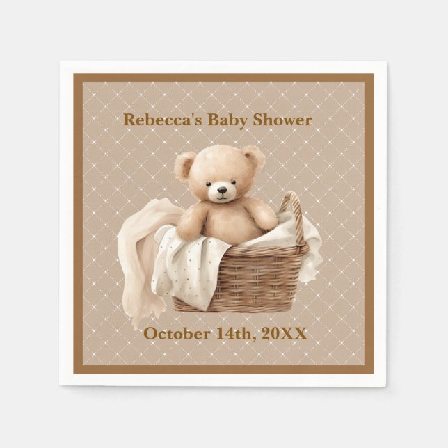 Neutral Brown Teddy Bear Baby Shower Paper Napkin Pappersservett (Framsidan)