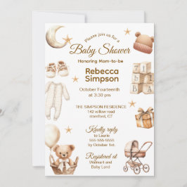 Neutral Brown Teddy Bear Clothes,Gifts-Baby Shower Inbjudningar