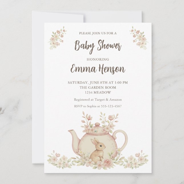 Neutral Bunny & Floral Teapot Baby Shower  Inbjudningar (Framsida)