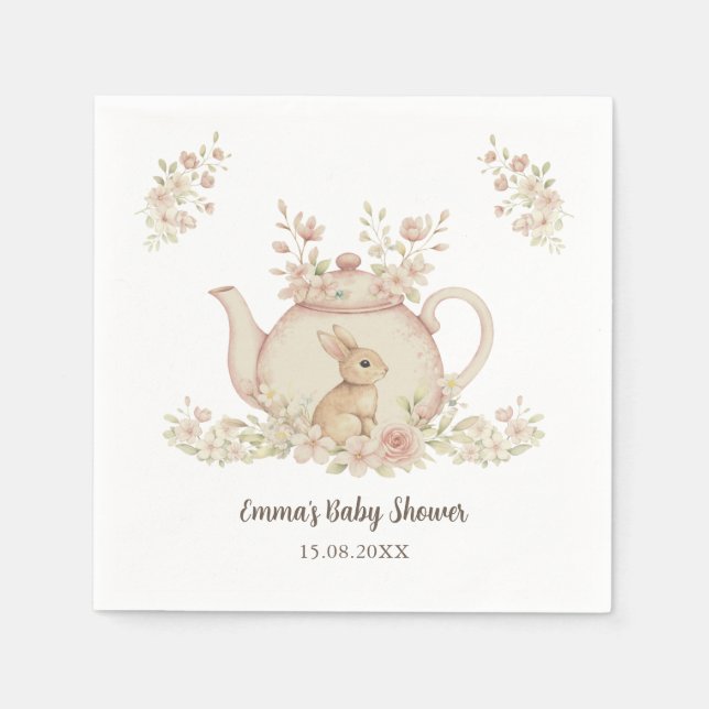Neutral Bunny & Floral Teapot Baby Shower  Pappersservett (Framsidan)