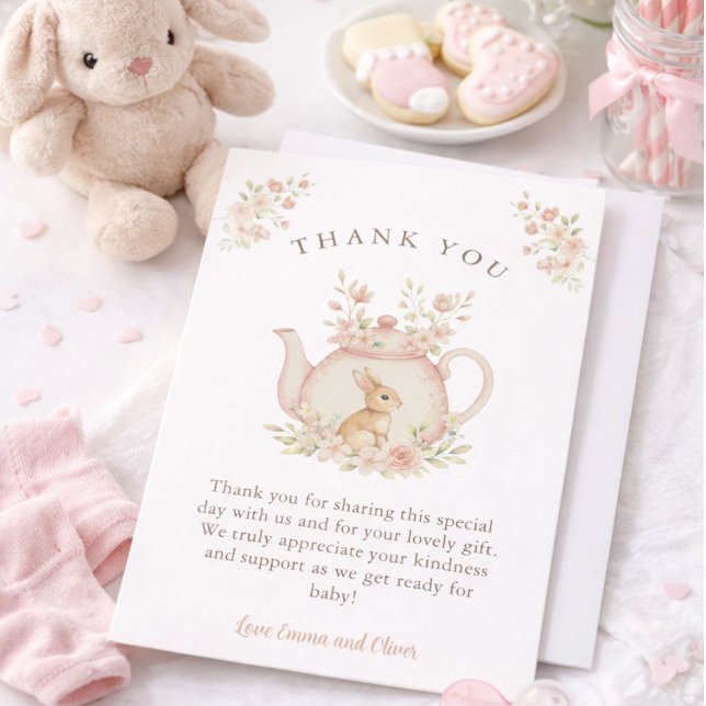 Neutral Bunny & Floral Teapot Baby Shower  Tack Kort (Skapare uppladdad)